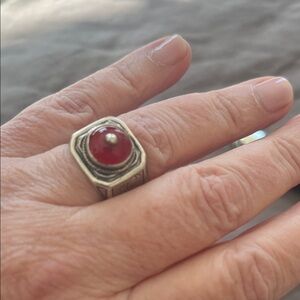 Vintage Berber Tribal solid Silver Ring with Carnelian red stone. Size 8